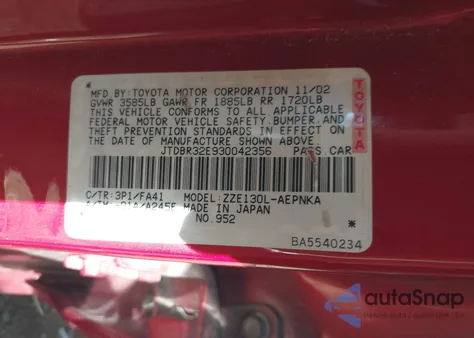 2003 Toyota Corolla Le z USA, uszkodzony, nr VIN JTDBR32E930042356